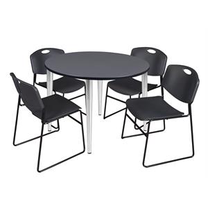 Scranton & Co 48&quot Round Gray Table with Chrome Base and 4 Black Poly Chairs