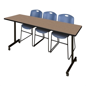 Scranton & Co 84 x 24&quot Oak Mobile T-Base Table & 3 Blue Poly Chairs