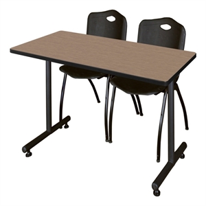 Scranton & Co 48 x 30&quot Noble Oak T-Base Table & 2 Black Plastic Chairs