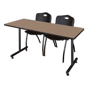 Scranton & Co 60 x 30&quot Noble Oak T-Base Table & 2 Black Plastic Chairs