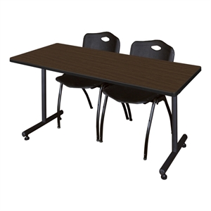 Scranton & Co 72 x 30&quot Neo Walnut T-Base Table & 2 Black Plastic Chairs