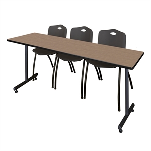 Scranton & Co 84 x 24&quot Noble Oak T-Base Table & 3 Black Plastic Chairs