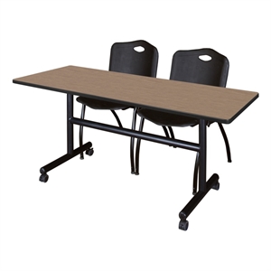 Scranton & Co 60 x 24&quot Noble Oak Flip-Top Table & 2 Black Plastic Chairs