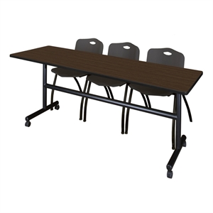 Scranton & Co 84 x 24&quot Neo Walnut Flip-Top Table & 3 Black Plastic Chairs