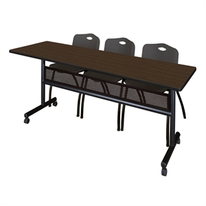 Scranton & Co 84 x 24&quot Walnut Modesty Table & 3 Black Plastic Chairs