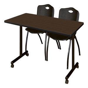 Scranton & Co 48 x 24&quot Walnut Mobile T-Base Table & 2 Black Plastic Chairs