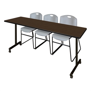 Scranton & Co 84 x 24&quot Walnut Mobile T-Base Table & 3 Gray Poly Chairs