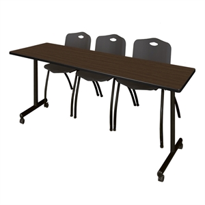 Scranton & Co 84 x 24&quot Walnut Mobile T-Base Table & 3 Black Plastic Chairs