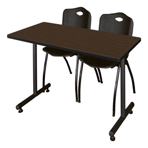 Scranton & Co 48 x 30&quot Neo Walnut T-Base Table & 2 Black Plastic Chairs