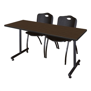 Scranton & Co 60 x 30&quot Neo Walnut T-Base Table & 2 Black Plastic Chairs