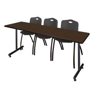 Scranton & Co 84 x 24&quot Neo Walnut T-Base Table & 3 Black Plastic Chairs