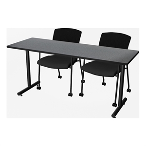 Scranton & Co 66 x 24&quot Gray T-Base Table & 2 Mesh Guest Chairs