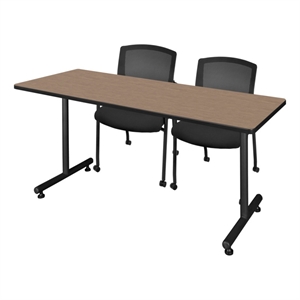 Scranton & Co 66 x 24&quot Noble Oak T-Base Table & 2 Mesh Guest Chairs