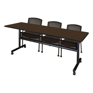 Scranton & Co 84 x 24&quot Neo Walnut Flip-Top Nesting Table & 2 Mesh Chairs