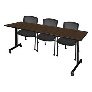 Scranton & Co 84 x 24&quot Walnut Mobile T-Base Table & 3 Mesh Guest Chairs