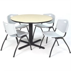 Scranton & Co 36&quot Round Maple Lunchroom Table & 4 Gray Plastic Chairs