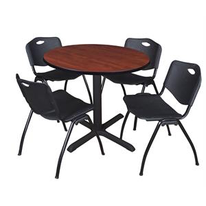 Scranton & Co 36&quot Round Cherry Lunchroom Table & 4 Black Plastic Chairs