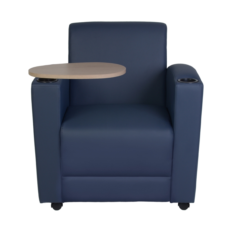 Scranton & Co Tablet Arm Chair in Navy Blue Vinyl and Noble Oak