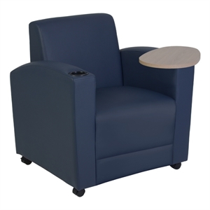 Scranton & Co Tablet Arm Chair in Navy Blue Vinyl and Noble Oak