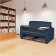 Scranton & Co Tablet Arm Loveseat with Storage Shelf in Navy Blue and Oak