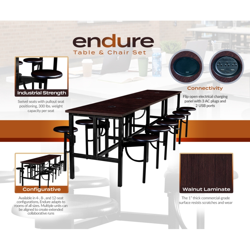 Scranton & Co Collaborative Standing Table with 12 Wood Stools in Walnut