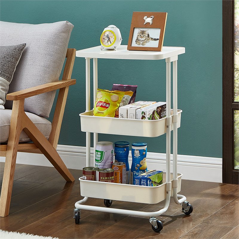 Scranton & Co 2-Tier Plastic Rolling Trolley with Tabletop in White