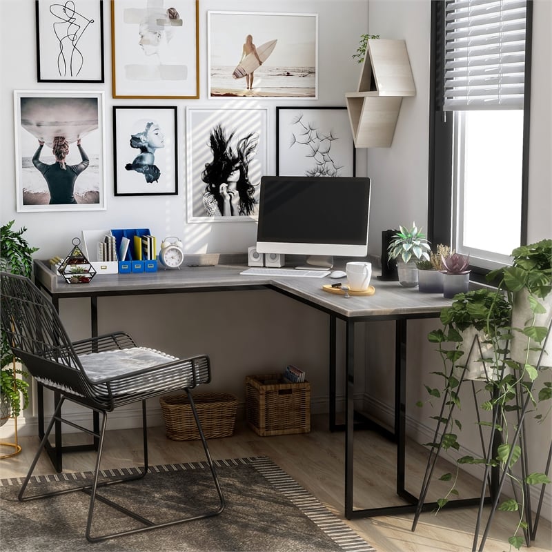 Scranton & Co Modern Wood Corner Computer Desk with USB in Grey