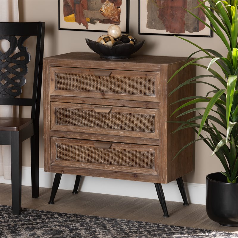 Scranton & Co Brown Rattan 3-Drawer Storage Cabinet with Angled Legs
