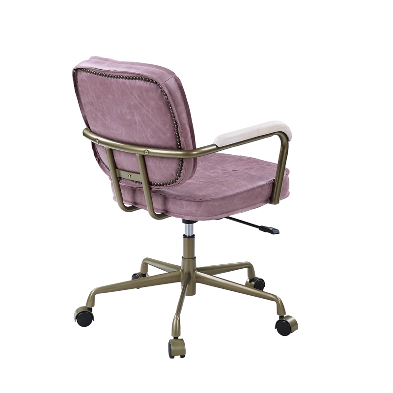 Scranton & Co Office Chair with Wooden Armrests in Pink Top Grain Leather