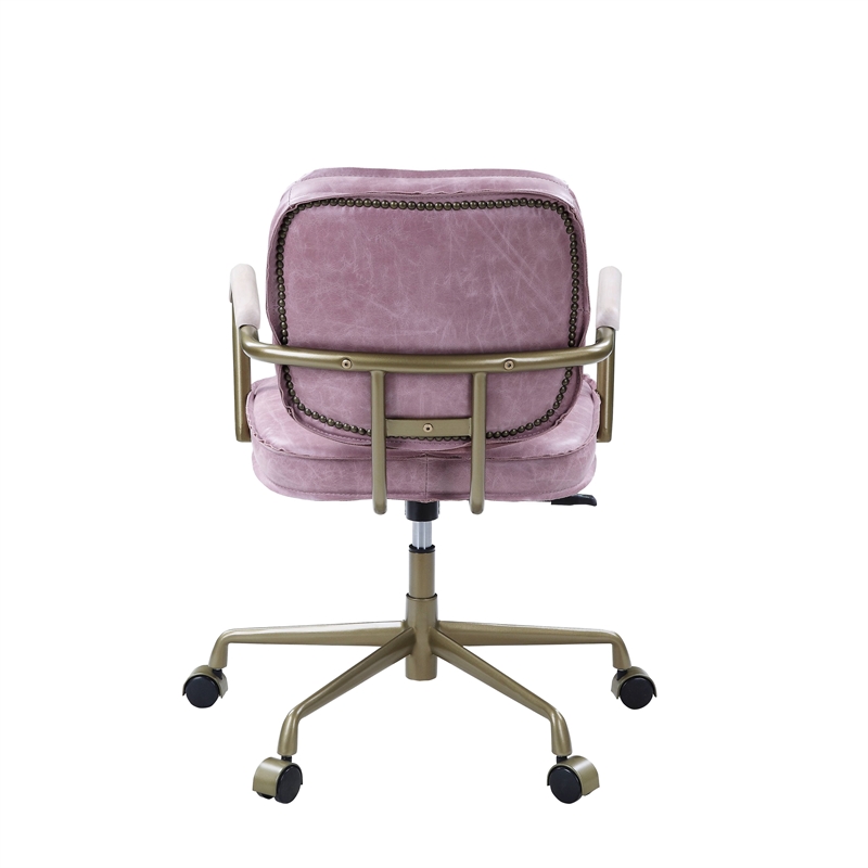 Scranton & Co Office Chair with Wooden Armrests in Pink Top Grain Leather