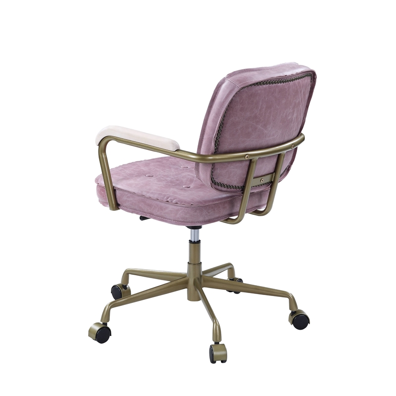 Scranton & Co Office Chair with Wooden Armrests in Pink Top Grain Leather