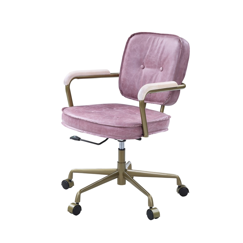 Scranton & Co Office Chair with Wooden Armrests in Pink Top Grain Leather
