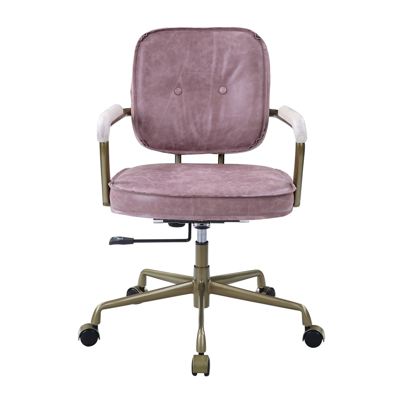Scranton & Co Office Chair with Wooden Armrests in Pink Top Grain Leather