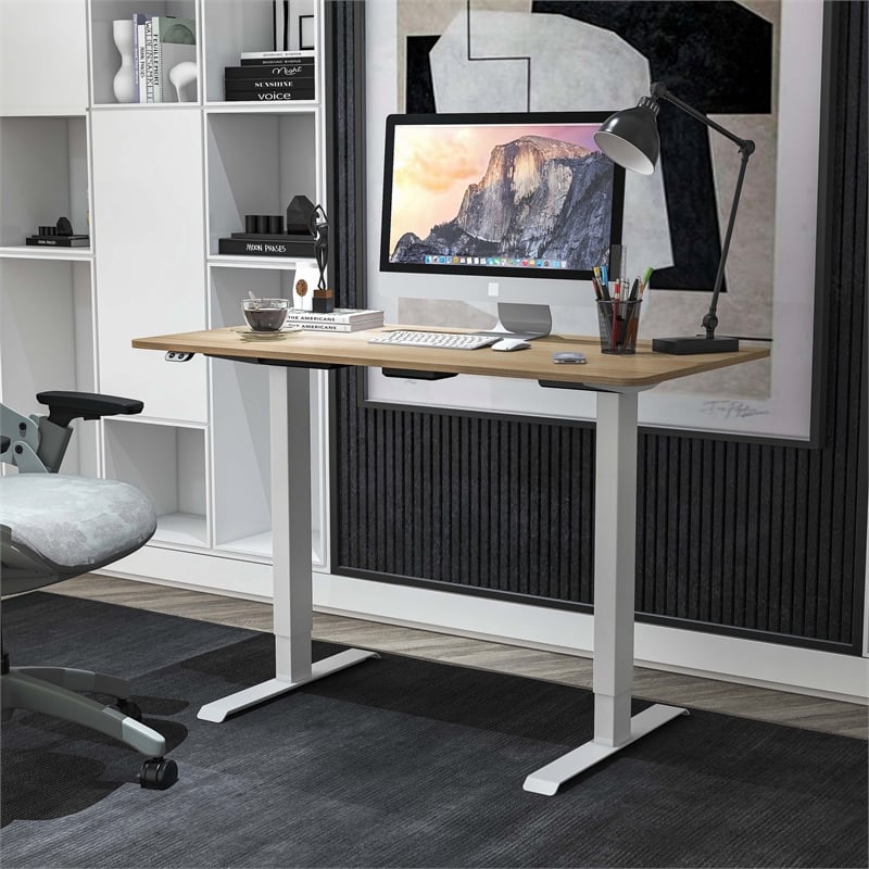 Scranton & Co Metal Height Adjustable Office Desk in Natural and White