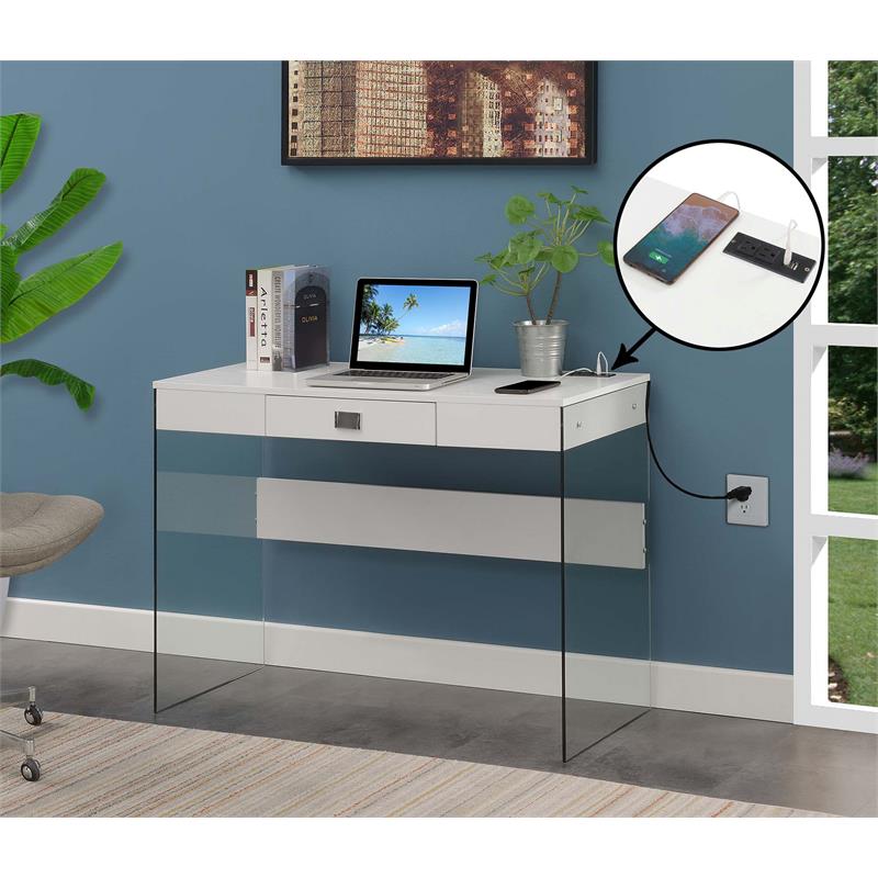 Scranton & Co 42-Inch Glass Desk with Charging Station in White Finish