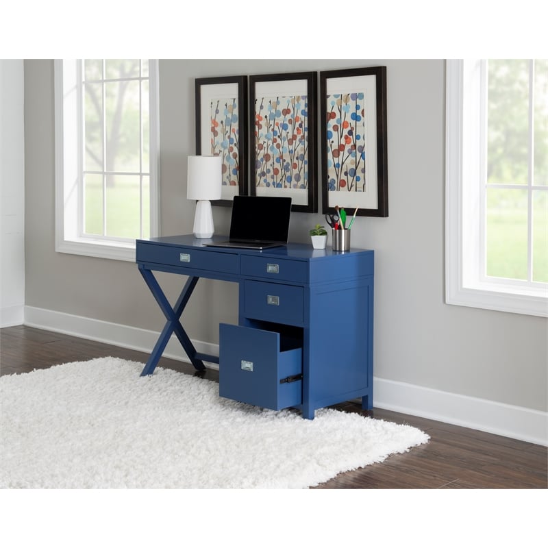Scranton & Co Navy Blue Wood Desk with 4 Drawers and Silver Hardware