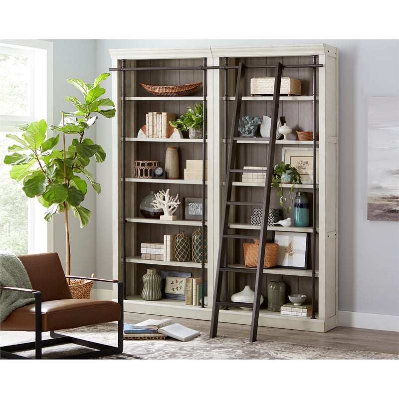 Scranton & Co 8' Tall Wooden Bookcase Wall with Ladder in White Finish