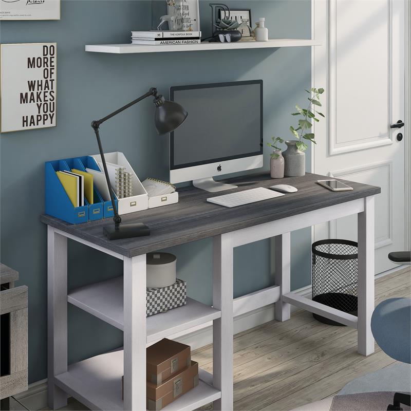 Scranton & Co Modern Wood Desk with Shelves in White Oak
