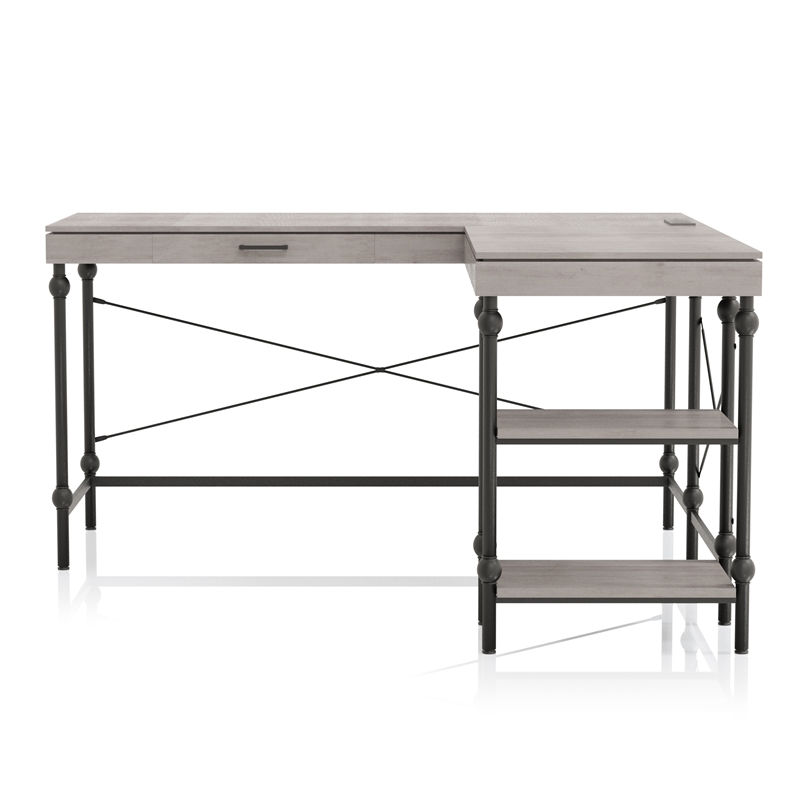 Scranton & Co L-Shaped Wooden Desk in Antique Gray with Drawer