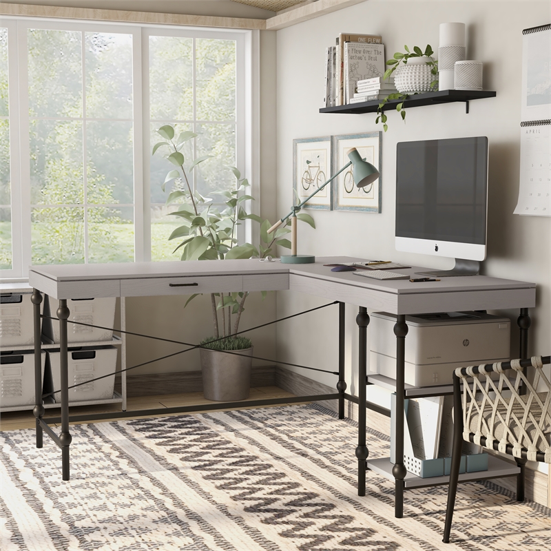 Scranton & Co L-Shaped Wooden Desk in Antique Gray with Drawer