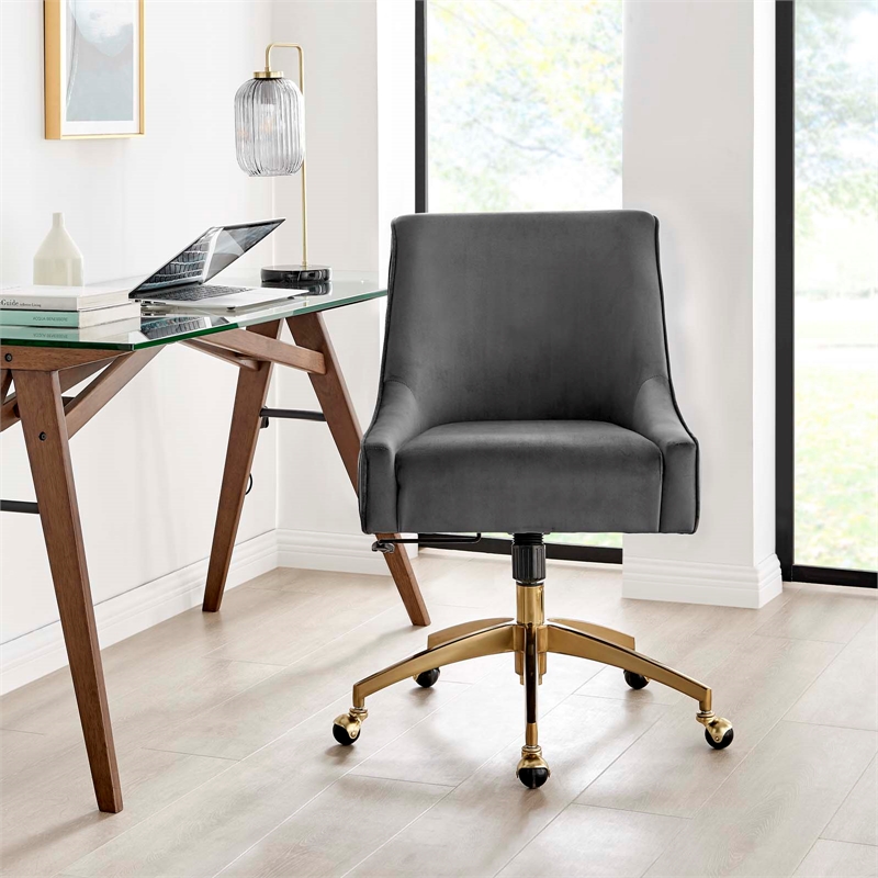 Scranton & Co Modern Velvet Swivel Office Chair in Gray with Gold Base