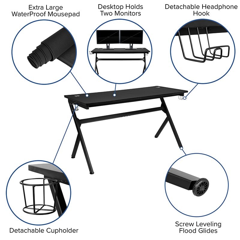 Scranton & Co Black Gaming Desk Bundle with Faux Leather Chair in Red