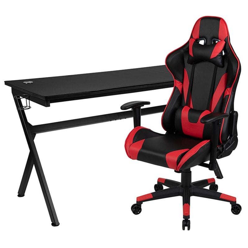 Scranton & Co Black Gaming Desk Bundle with Faux Leather Chair in Red