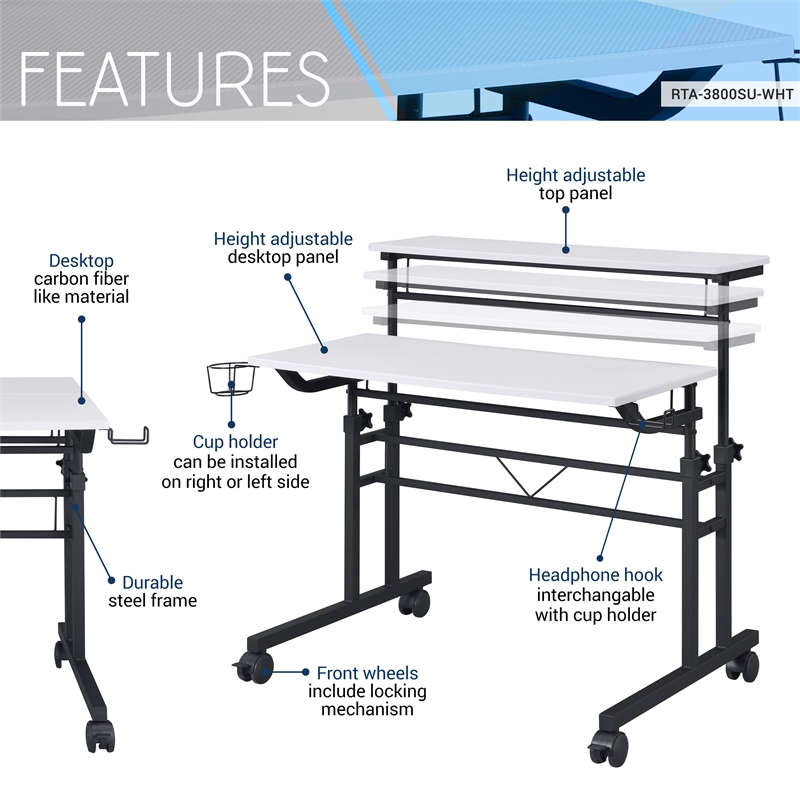 Scranton & Co Adjustable Rolling Writing Desk with Storage in White