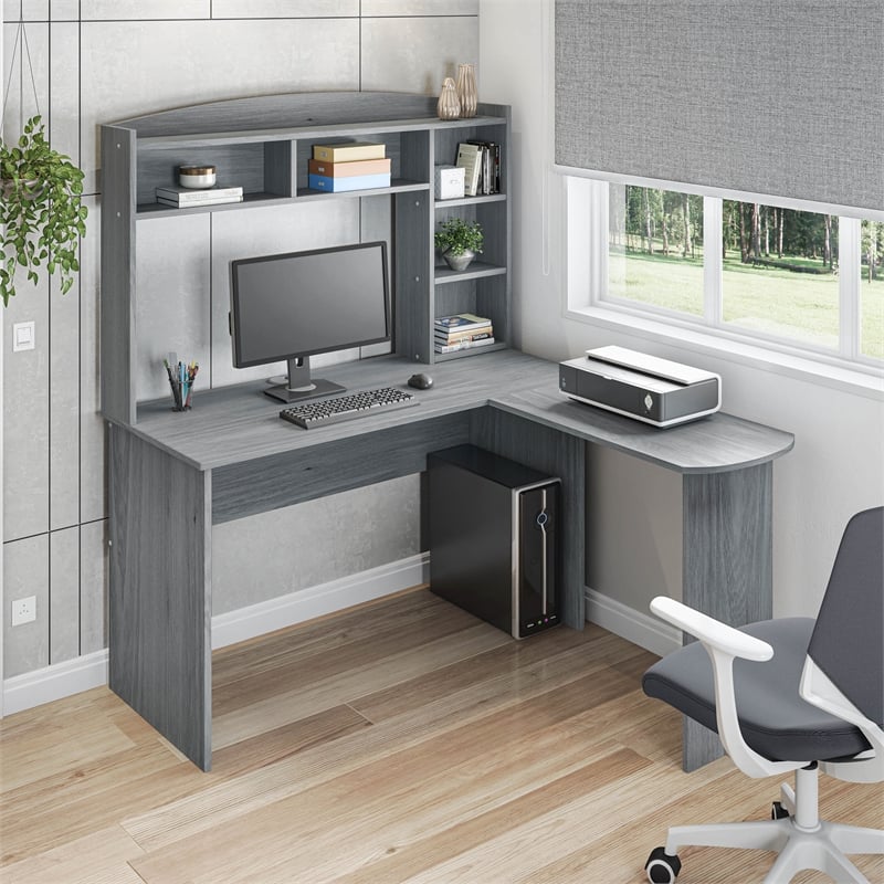 Scranton & Co L-Shaped Computer Desk with Hutch in Gray Engineered Wood