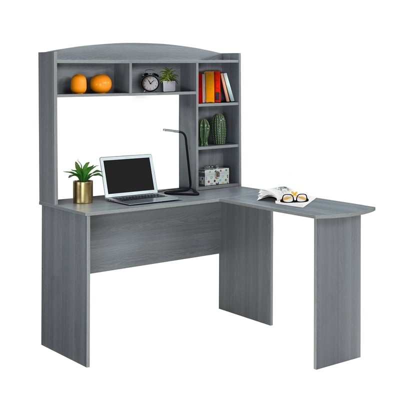 Scranton & Co L-Shaped Computer Desk with Hutch in Gray Engineered Wood