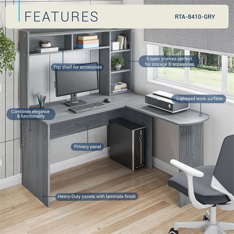 Scranton & Co L-Shaped Computer Desk with Hutch in Gray Engineered Wood