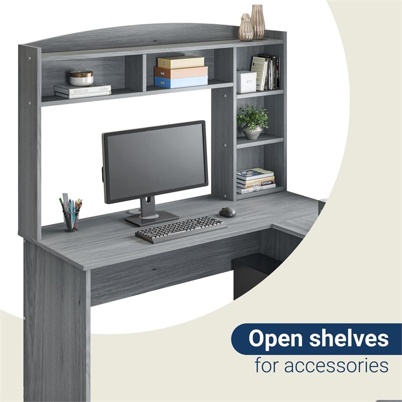 Scranton & Co L-Shaped Computer Desk with Hutch in Gray Engineered Wood