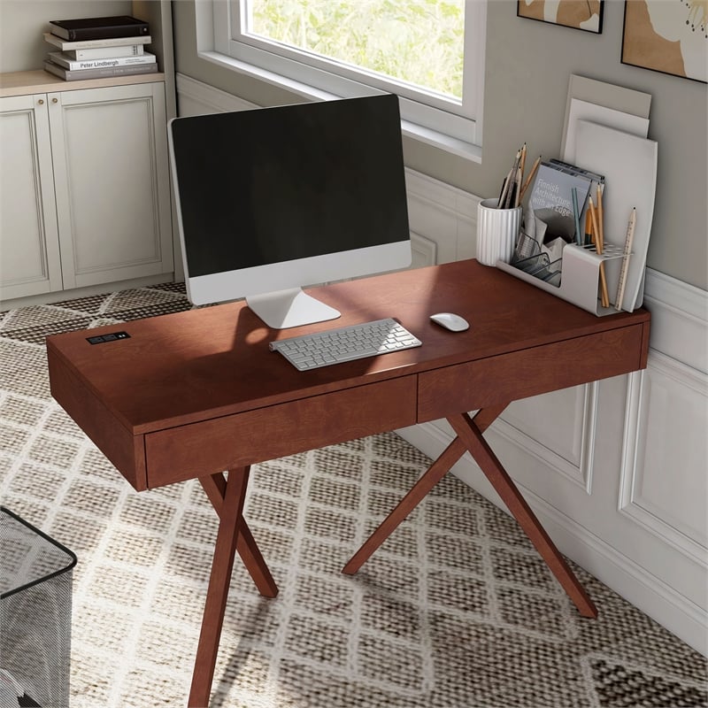 Scranton & Co Wood Writing Desk with USB in Dark Cherry Finish