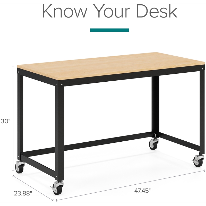 Scranton & Co Mobile Metal Desk with Laminate Black/Maple 48